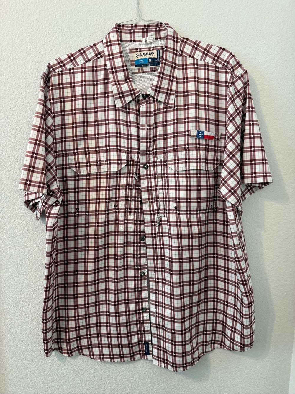 Magellan Outdoors Short-Sleeve Plaid Button-Down Shirt in White and Burgundy